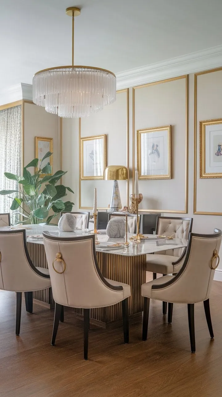 Experience the allure of refined sophistication in this modern dining room, where luxurious marble and gold accents set the stage for unforgettable gatherings.