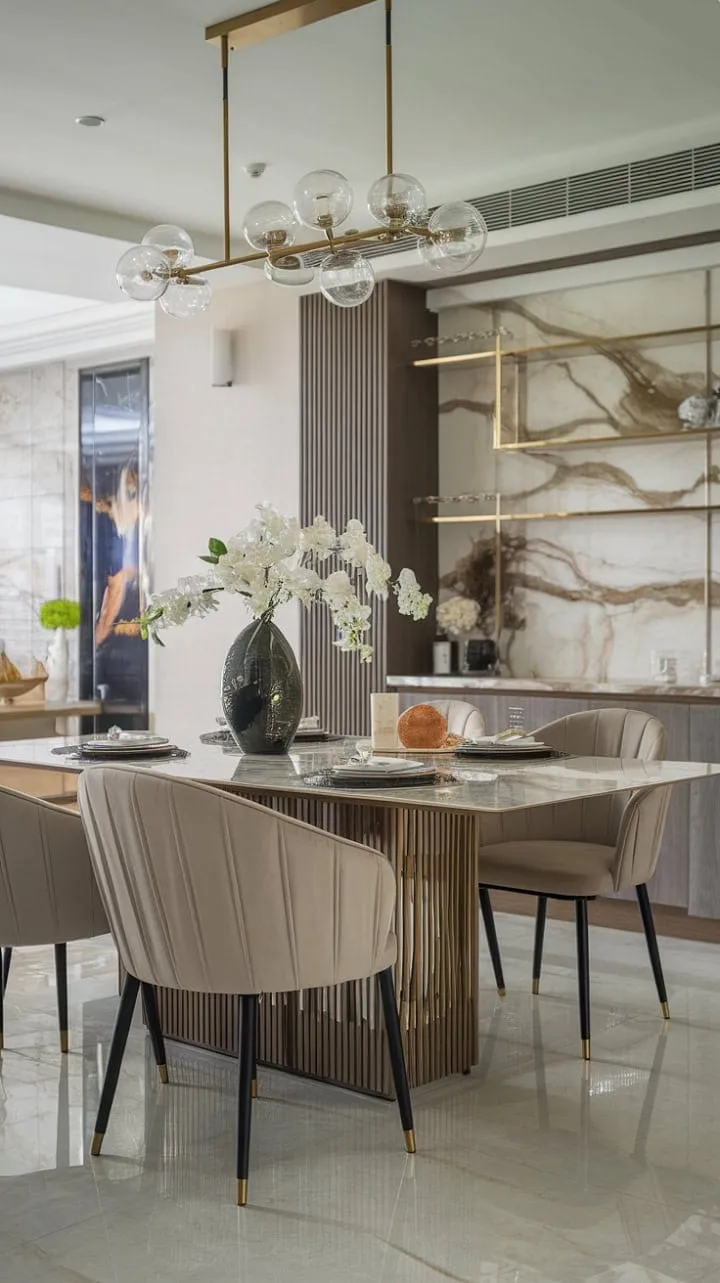 This dining room harmoniously blends modern minimalism with luxurious marble and gold, creating an exquisite backdrop for memorable gatherings.