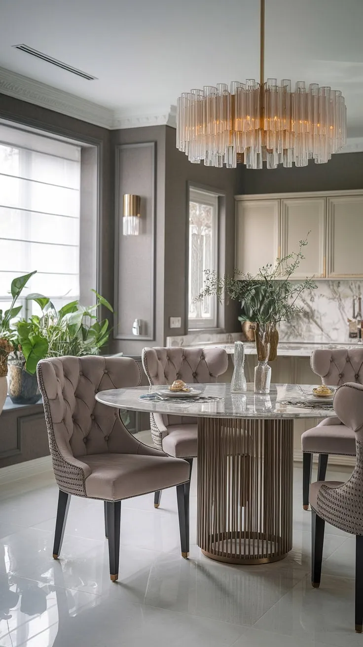 A symphony of textures and tones. This stunning space seamlessly unites a modern kitchen with a sophisticated dining area. The cool grey walls are beautifully complemented by the warm glow of the gold chandelier and the sleek marble table. A testament to refined living, this room is a haven of calm and understated luxury.
