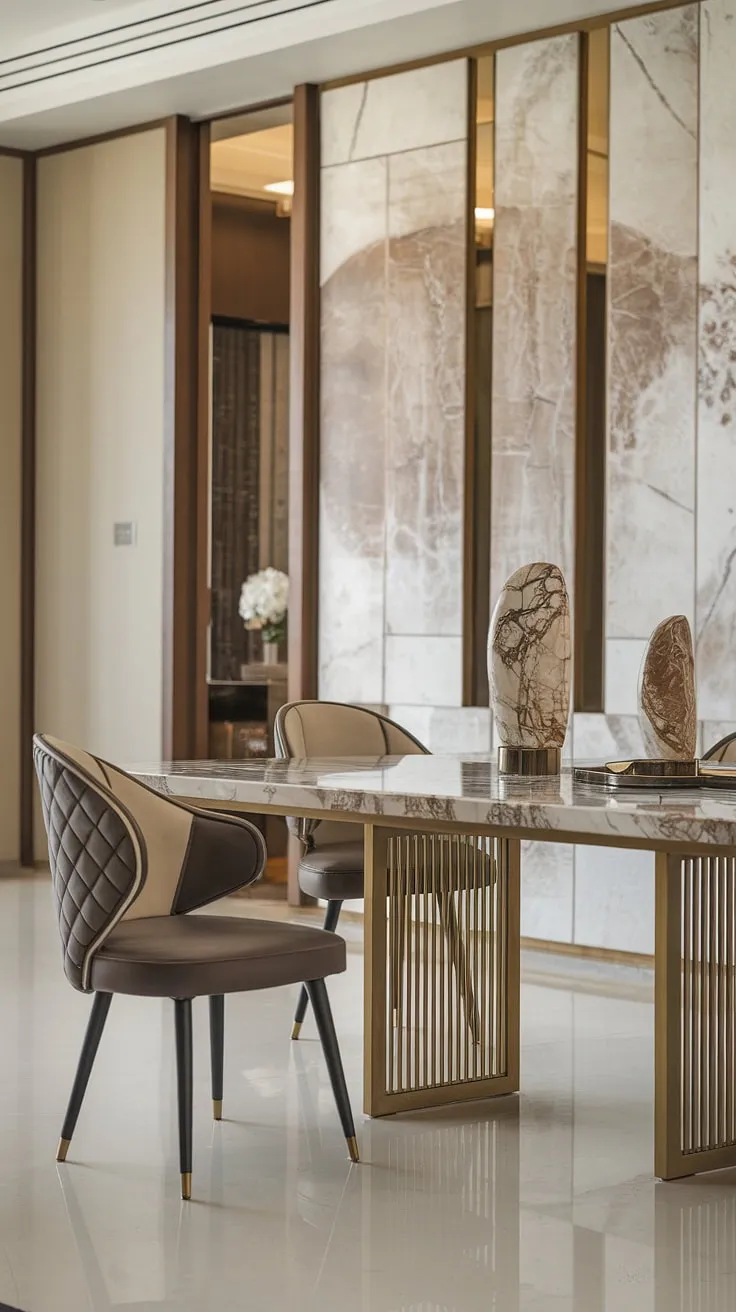 Indulge in effortless elegance. This dining room, with its gleaming marble table and luxurious gold-legged chairs, is the epitome of sophisticated modern living. The subtle interplay of wood and marble creates a space that is both calming and captivating. A testament to refined taste.