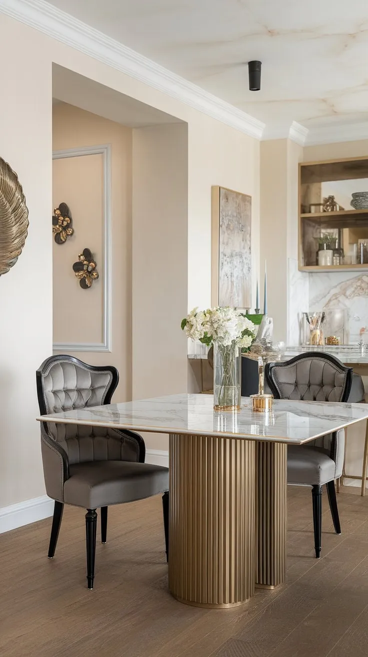 A symphony of textures and tones. The cool elegance of the marble dining table is beautifully complemented by the warmth of the wooden floor and the plush comfort of the dining chair. A space designed for both functionality and breathtaking beauty, perfect for creating lasting memories.