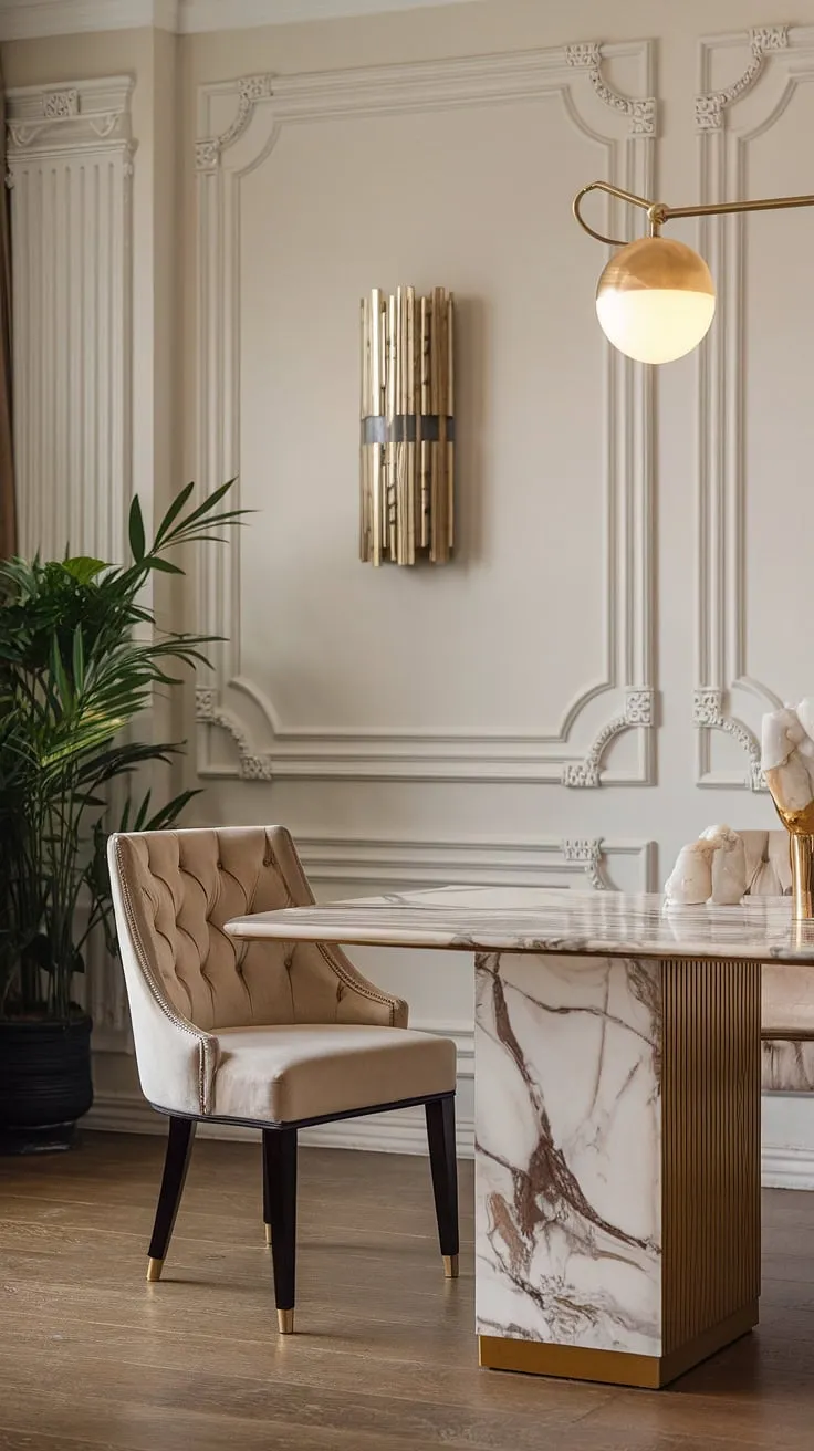 This dining room is a testament to understated luxury. The interplay of textures-smooth marble, rich wood, and plush upholstery-creates a captivating ambiance. Subtle gold details and a verdant plant add warmth and personality to this exquisitely designed space.