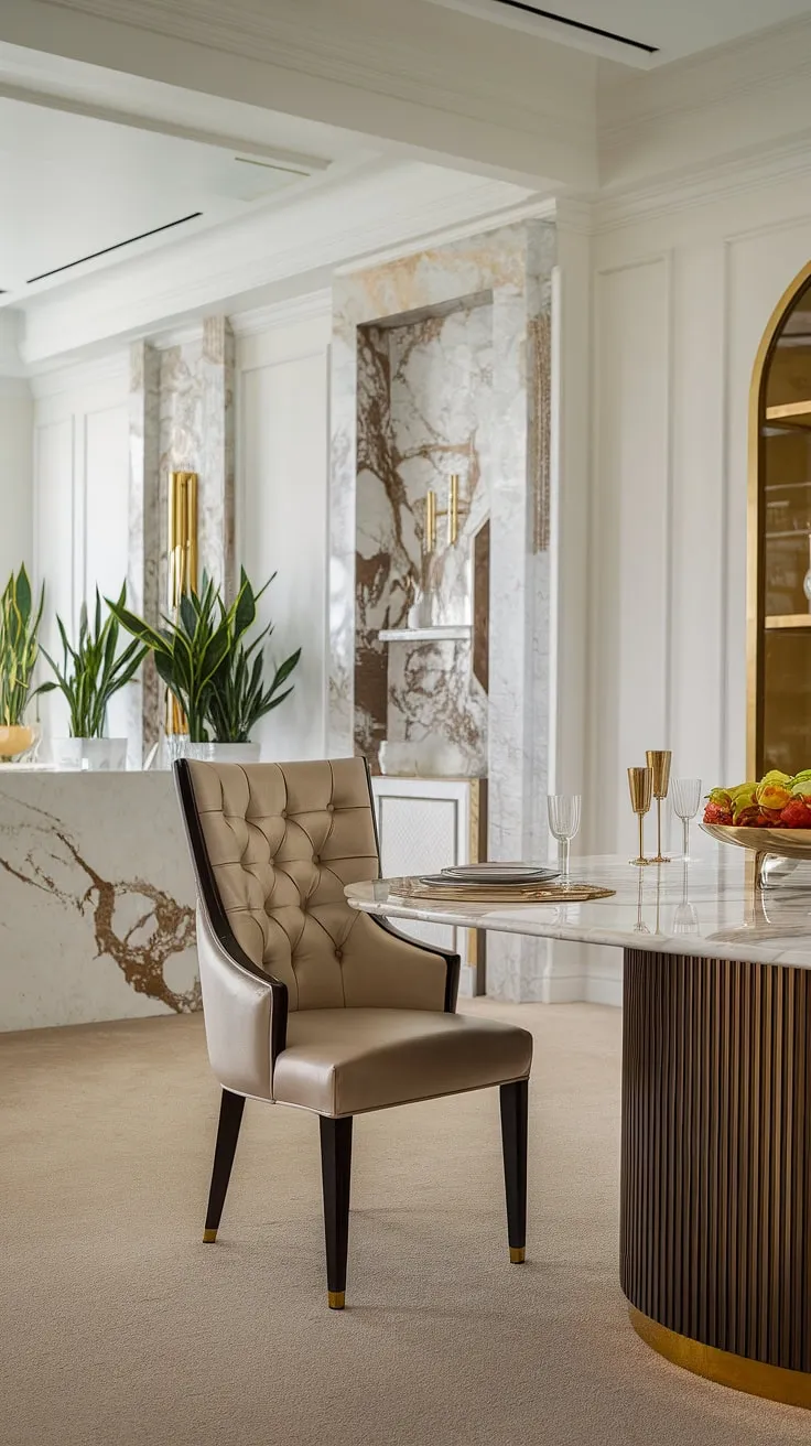 A symphony of textures and tones. The cool gleam of marble meets the warmth of beige carpet in this exquisitely designed kitchen-dining space. A single, luxurious dining chair beckons you to linger over meals, while potted plants add a touch of nature's serenity to the opulent setting. The perfect blend of modern design and timeless elegance.