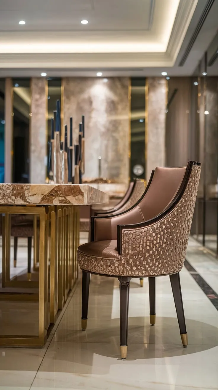 A symphony of textures and light. The cool gleam of the marble dining table, accented by the warm glow of the gold legs and luxurious chairs, creates A breathtaking ambiance. A perfect setting for cherished moments and memorable meals.