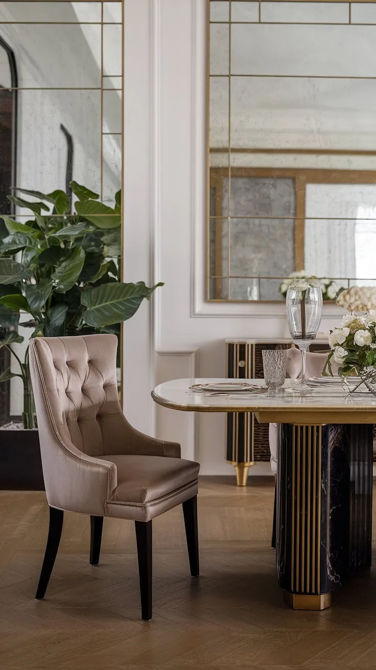 Indulge in effortless elegance. The gleam of the marble table, the luxurious comfort of the dining chair, and the subtle gold accents create a dining experience that's both sophisticated and inviting. A perfect setting for unforgettable moments.