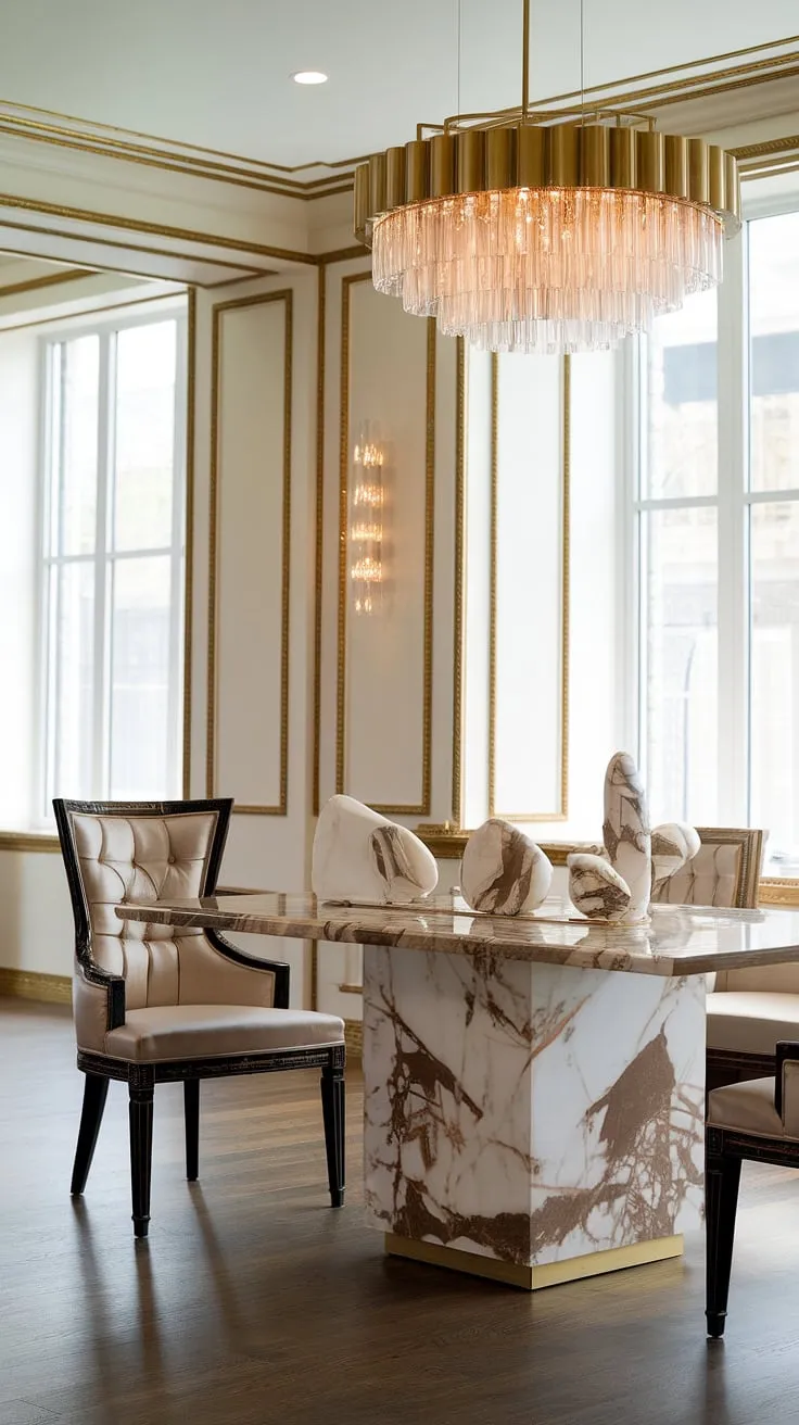 Bathed in natural light, this dining room exudes understated luxury. The cool tones of the marble dining table and chairs are beautifully contrasted by the warm glow of the gold chandelier and accents, creating a harmonious and inviting space. A perfect setting for unforgettable moments.