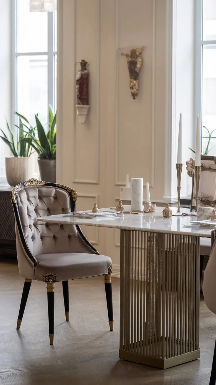 Indulge in effortless elegance. This modern dining room, with its luxurious marble table and exquisitely crafted chair, sets the stage for unforgettable moments. The subtle gold accents and flourishing greenery complete the sophisticated ambiance. A testament to refined living.