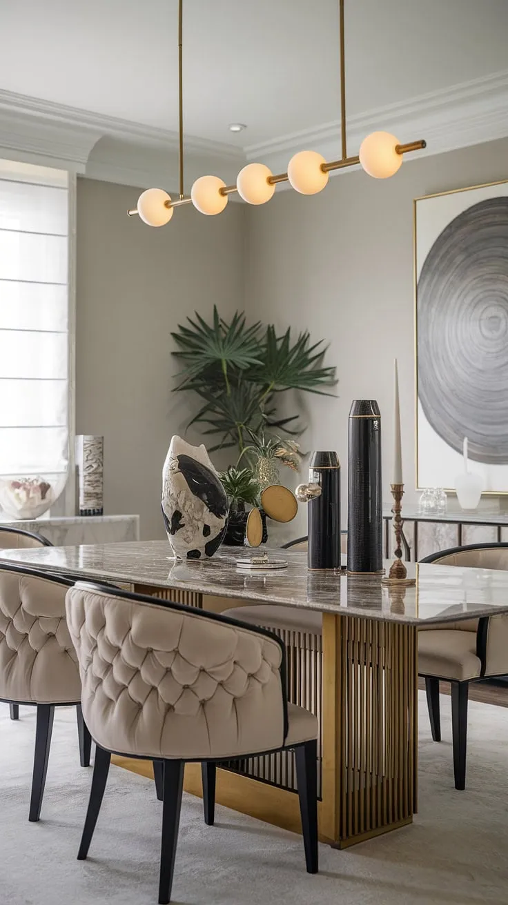 The subtle gray walls provide a perfect backdrop for the luxurious textures and gleaming gold accents of this dining room. A statement marble table, complemented by a plush dining chair, invites lingering conversations and memorable meals. The carefully curated decorative items and a single, elegant plant add personality and warmth to this sophisticated space.