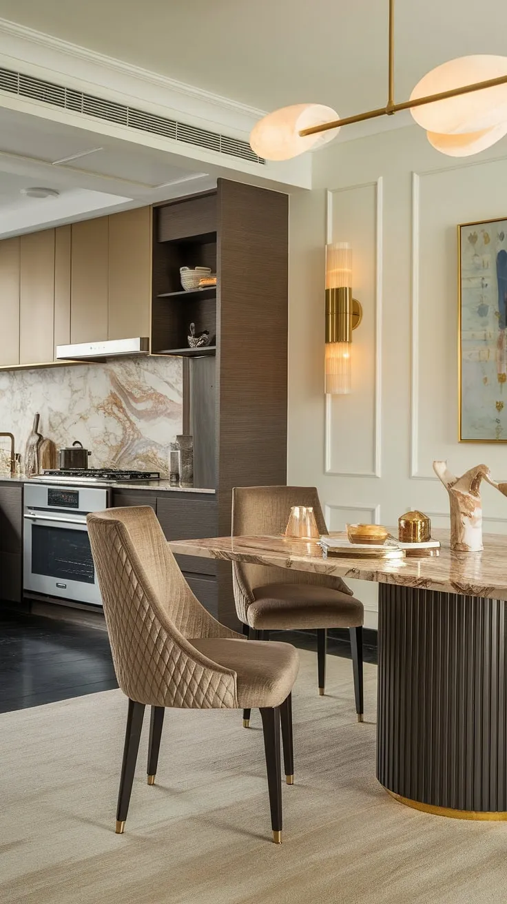 Indulge in effortless elegance. This modern dining space, complete with a luxurious marble table and statement chair, seamlessly blends sophisticated design with everyday practicality. The open-plan kitchen, featuring sleek cabinetry and premium appliances, adds to the overall sense of refined living. A touch of gold and a carefully curated artwork complete the scene.