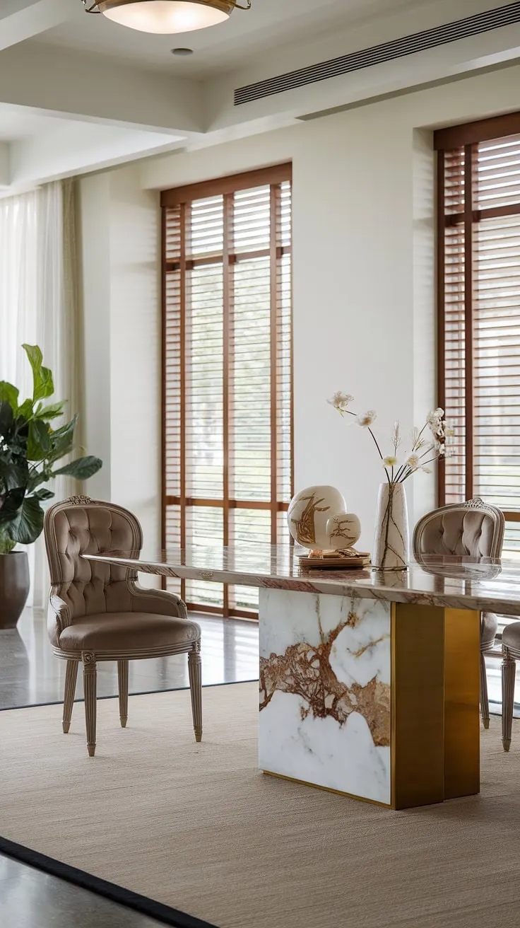 Indulge in effortless elegance. This modern dining space, featuring a luxurious marble table with a gold base and a supremely comfortable chair, is the epitome of sophisticated dining. The natural light streaming through the window, complemented by the potted plant, creates a serene and inviting atmosphere. A perfect setting for memorable moments.
