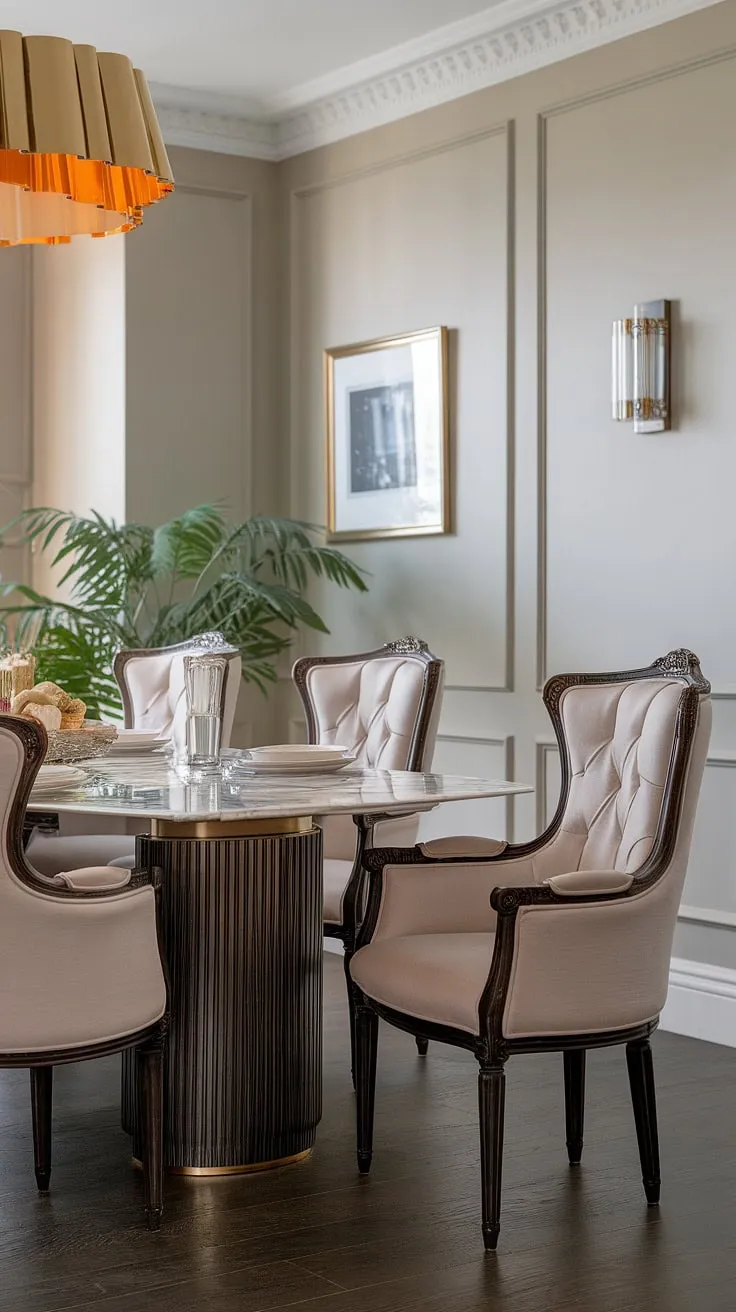 A symphony of textures and tones. The cool marble of the table and the warm glow of the gold lampshade create a captivating contrast in this modern dining room. A space designed for both intimate gatherings and quiet contemplation.