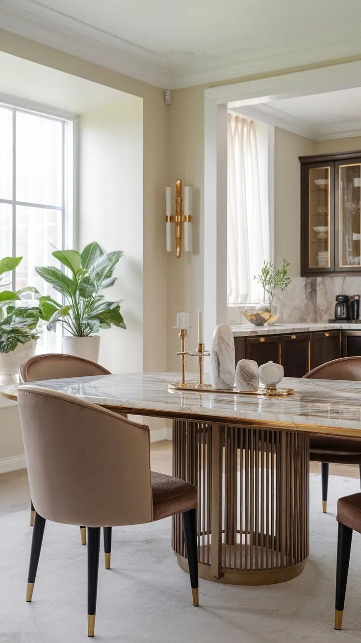 A symphony of textures and tones. This modern kitchen seamlessly flows into a dining area defined by a stunning marble table, gold detailing, and a supremely comfortable chair. A testament to refined taste, the space is bathed in natural light, enhanced by the lush greenery near the window. A truly inspiring culinary and dining haven.