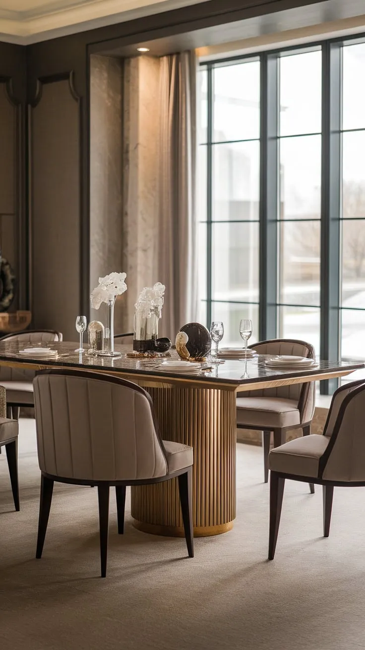 Indulge in effortless elegance. This modern dining room, bathed in natural light, features a luxurious marble table with gold accents, setting the stage for unforgettable gatherings. The plush chair adds a touch of refined comfort, perfectly complementing the sophisticated ambiance. A testament to timeless design.