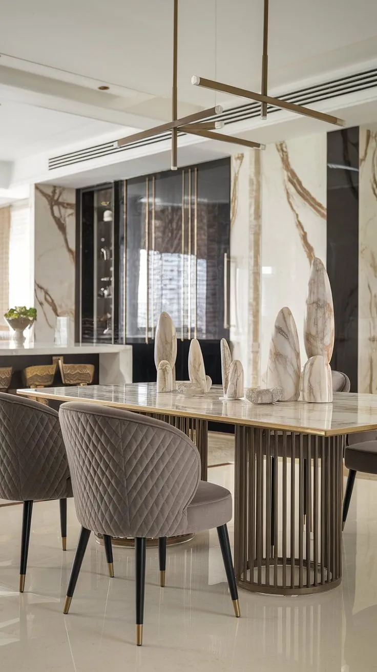 Indulge in effortless elegance. This open-plan kitchen and dining area, featuring a stunning marble table with gold accents and luxurious seating, is the epitome of sophisticated modern living. The carefully curated marble décor adds a touch of timeless luxury.