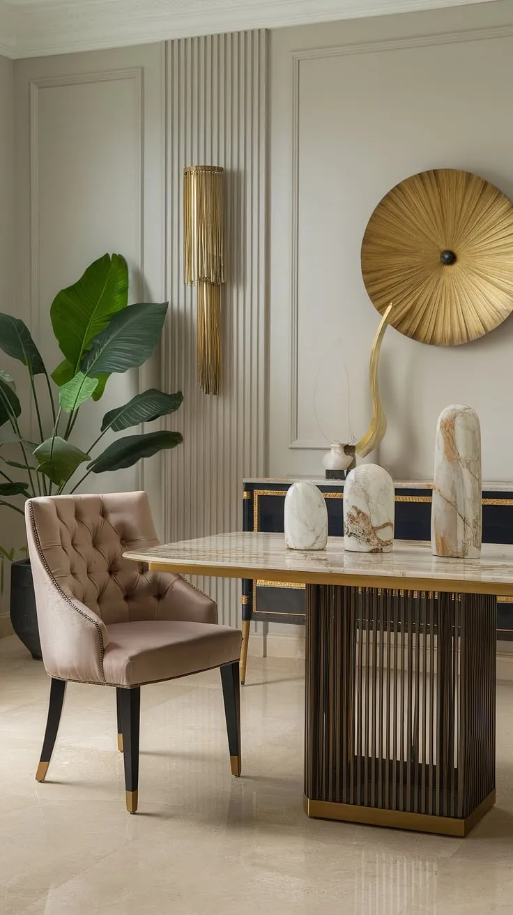 Sophistication redefined. A symphony of textures and tones-from the cool marble of the table and decor to the plush chair and warm gold accents-harmoniously blend in this exquisitely designed dining space. The grey walls and beige tiles provide a neutral backdrop, allowing the luxurious details to truly shine. A space where memories are made.