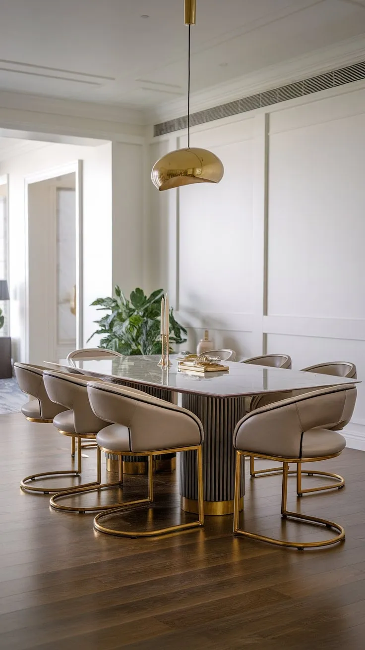 A symphony of textures and tones. The cool elegance of marble meets the warm gleam of gold in this stunning dining room. A carefully curated space, it effortlessly blends modern minimalism with luxurious comfort, creating A haven for both intimate gatherings and grand celebrations. A truly inspiring design.