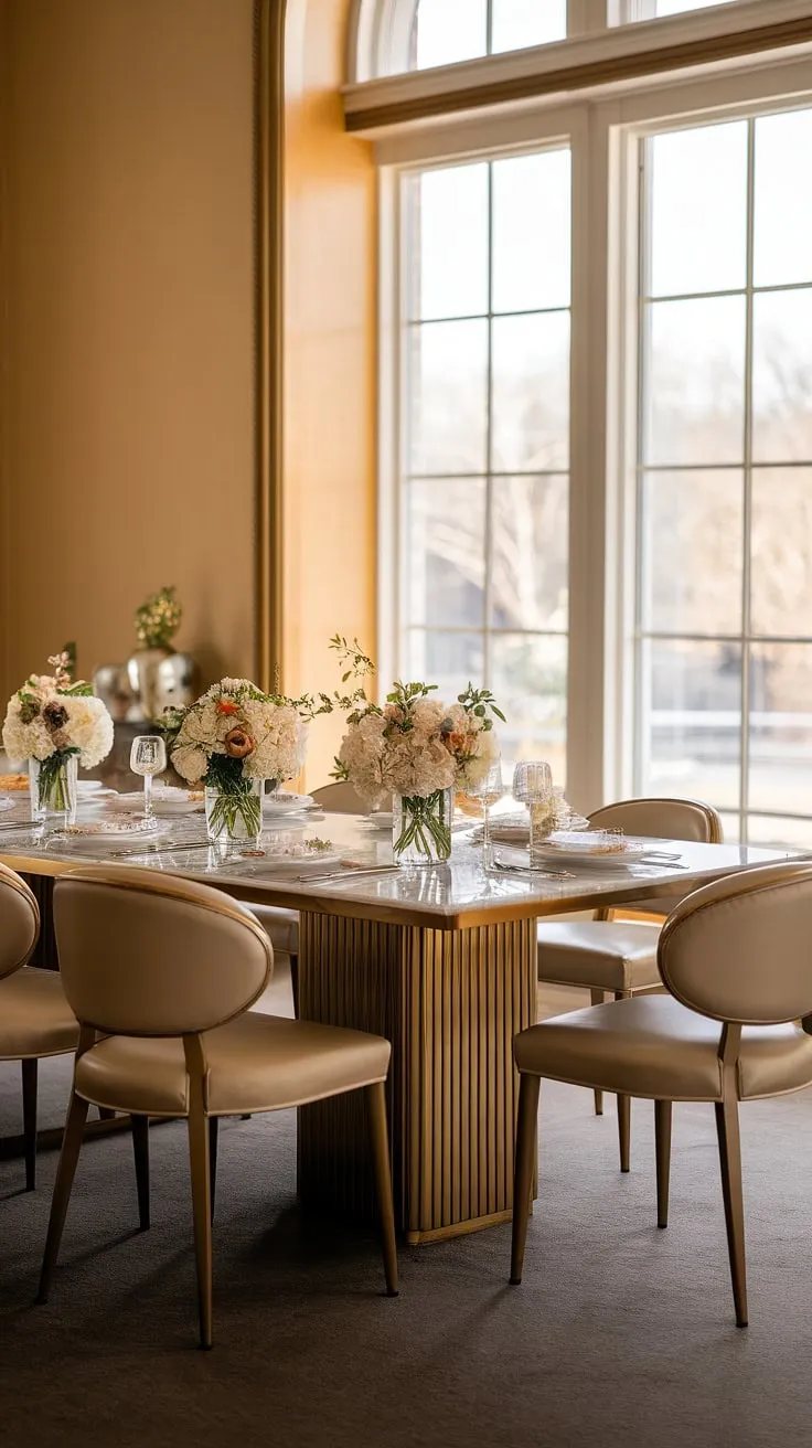 Sunlight streams through the large window, illuminating the elegant marble dining table and its luxurious gold-accented chairs, a perfect setting for unforgettable gatherings. A vase of fresh flowers adds a touch of nature's beauty to this classically modern space.