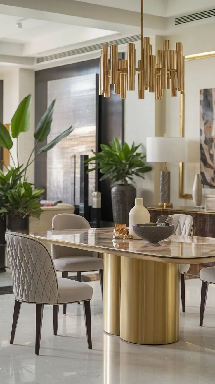 Indulge in the elegance of this modern dining room. The luxurious marble table, gleaming gold accents, and plush seating create an atmosphere of sophisticated comfort, perfect for unforgettable gatherings. A testament to refined taste and impeccable design.