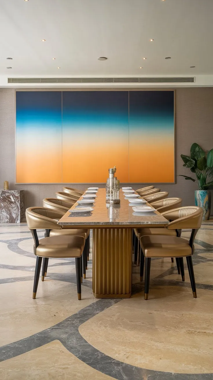 Indulge in effortless elegance. This dining room, with its marble table, gold accents, and striking abstract artwork, sets the stage for unforgettable gatherings. A symphony of textures and colors creates a space that is both sophisticated and inviting. A perfect blend of modern design and timeless luxury.