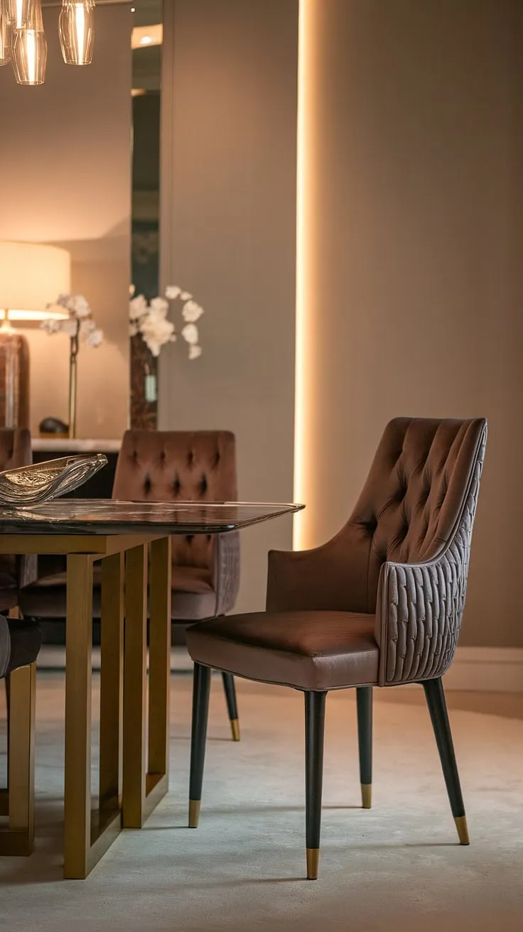 Indulge in effortless elegance. The soft gray walls and warm lighting create the perfect ambiance for intimate dinners around this stunning marble and gold dining table, complemented by a luxurious chair – a testament to refined living. A decorative bowl adds the final touch of sophistication.