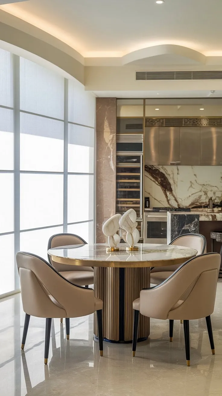 Indulge in the refined elegance of this modern dining room. The marble dining table, adorned with tasteful decor, takes center stage, complemented by a luxurious chair and the warm glow of natural light. The open-plan design effortlessly connects the dining area to the sleek, stainless steel kitchen, creating a space that is both beautiful and functional.