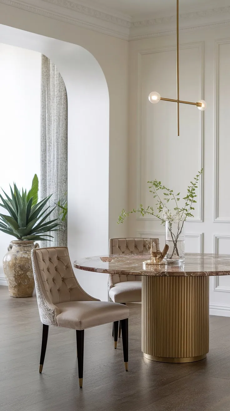 A symphony of textures and tones. The rich marble tabletop, the shimmering gold base, and the warm wood flooring create a sophisticated dining space. A testament to understated opulence.