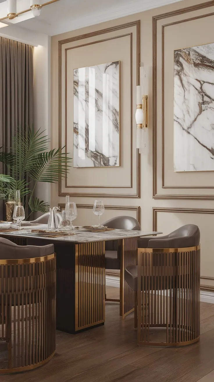 Indulge in effortless elegance. This dining room, with its marble table, gold accents, and carefully curated art, is the epitome of sophisticated modern living. A sanctuary for unforgettable moments and refined gatherings.