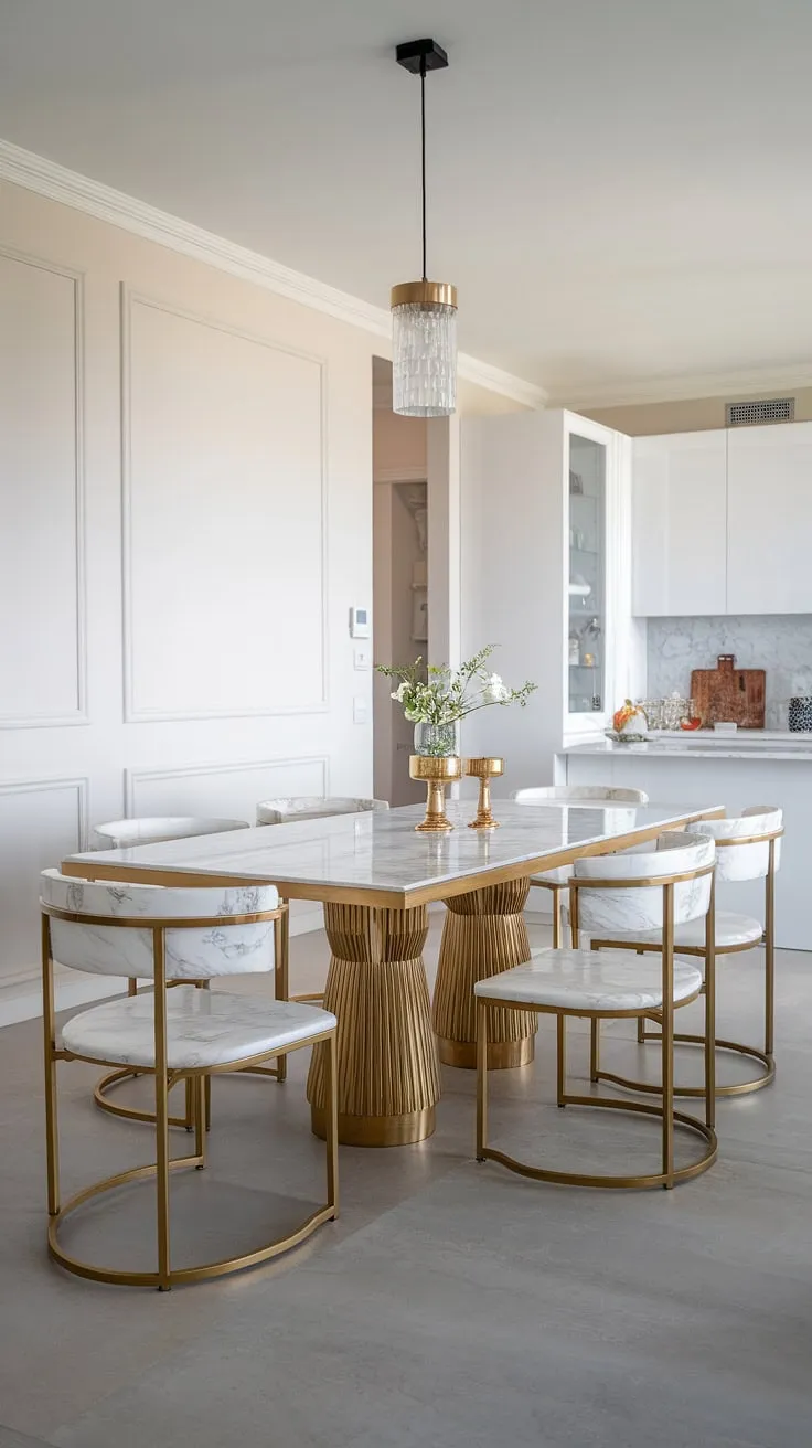 Indulge in effortless elegance. This dining room, with its stunning gold and marble table and chairs, seamlessly blends luxurious materials with modern design. The open-plan layout flows effortlessly into the crisp white kitchen, creating a sophisticated and inviting space for unforgettable gatherings. A perfect example of refined living.
