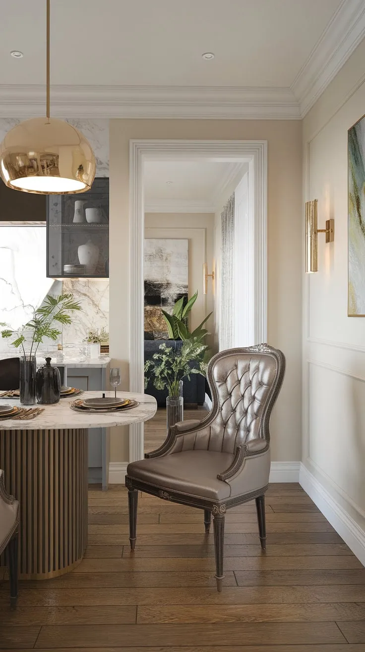 A symphony of textures and tones. This light-filled dining space seamlessly integrates with the kitchen, showcasing a beautiful marble dining table and a statement chair. The subtle gold details and lush greenery add warmth and personality, creating a truly inviting and luxurious atmosphere. A haven for both everyday meals and special occasions.