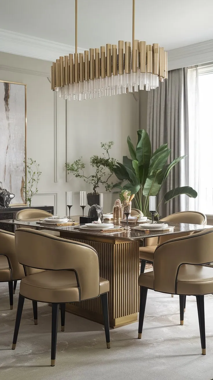 Indulge in effortless elegance. This dining room, with its marble table, gold accents, and soft grey walls, sets the stage for unforgettable gatherings. A touch of greenery adds a refreshing contrast to the luxurious ambiance. A perfect space for creating cherished memories.