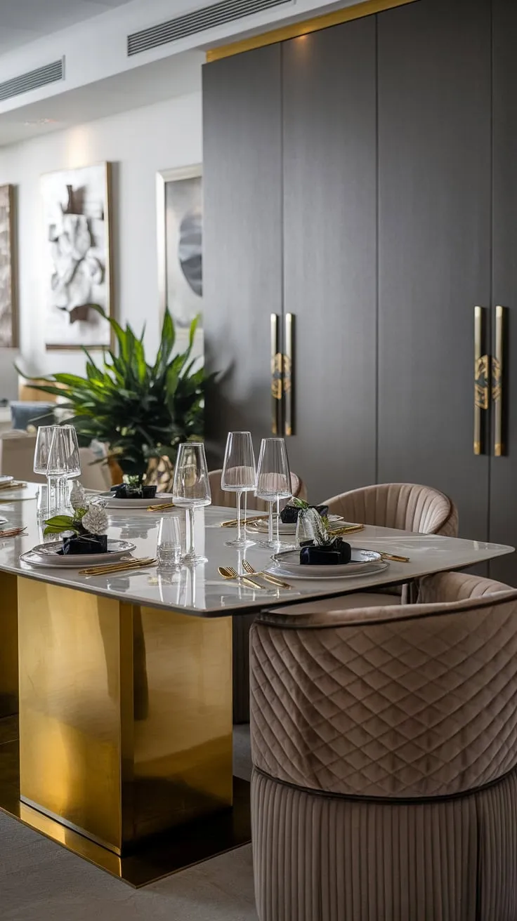 Indulge in effortless elegance. This modern dining room, with its marble table and luxurious gold accents, sets the stage for unforgettable gatherings. A testament to sophisticated design, every detail, from the carefully chosen artwork to the plush dining chair, speaks volumes. A space where memories are made and style reigns supreme.