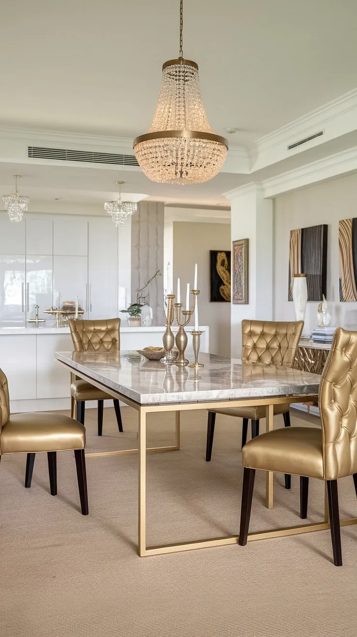 A sophisticated sanctuary for gatherings, this dining room's marble table and gold accents create an atmosphere of understated luxury. The pulled-out chair beckons you to join the elegant ambiance.