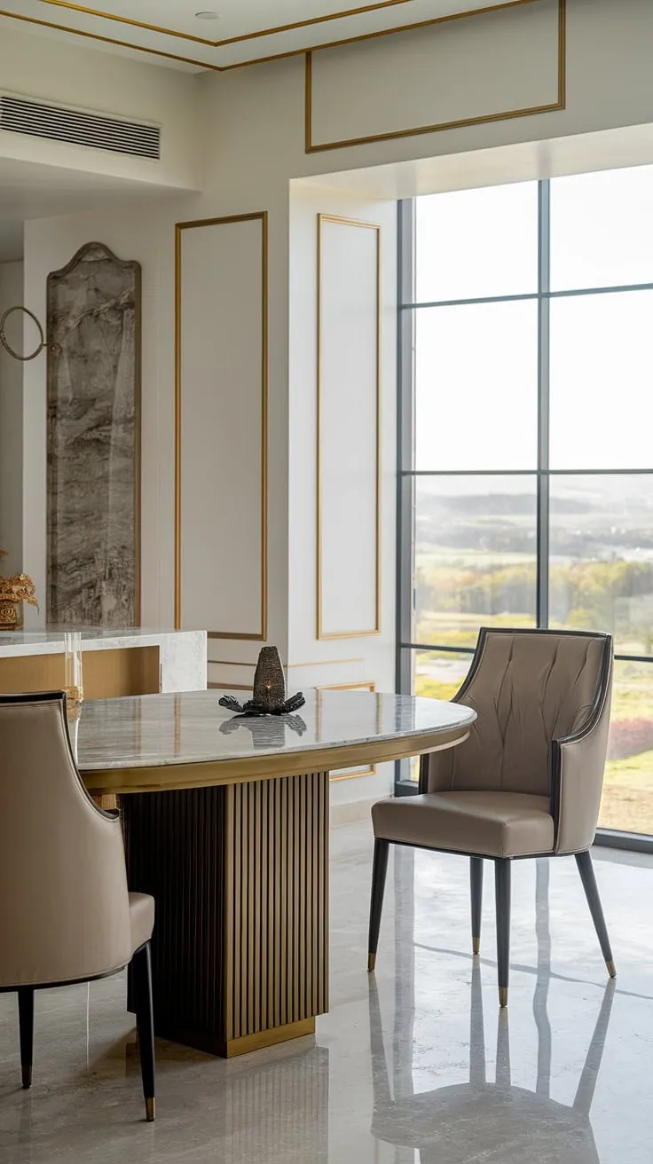 A symphony of sophistication. A stunning marble dining table takes center stage in this bright kitchen, complemented by a plush chair and delicate gold details. The panoramic window offers a picturesque backdrop, transforming mealtimes into an experience of unparalleled beauty and tranquility.