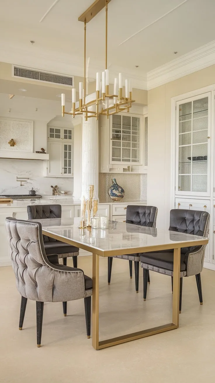 A symphony of light and luxury. The gold chandelier casts a warm glow on the exquisite marble dining table, while the plush chair invites you to linger over delicious meals. This meticulously designed space is a haven of calm and sophistication, where every detail speaks volumes.