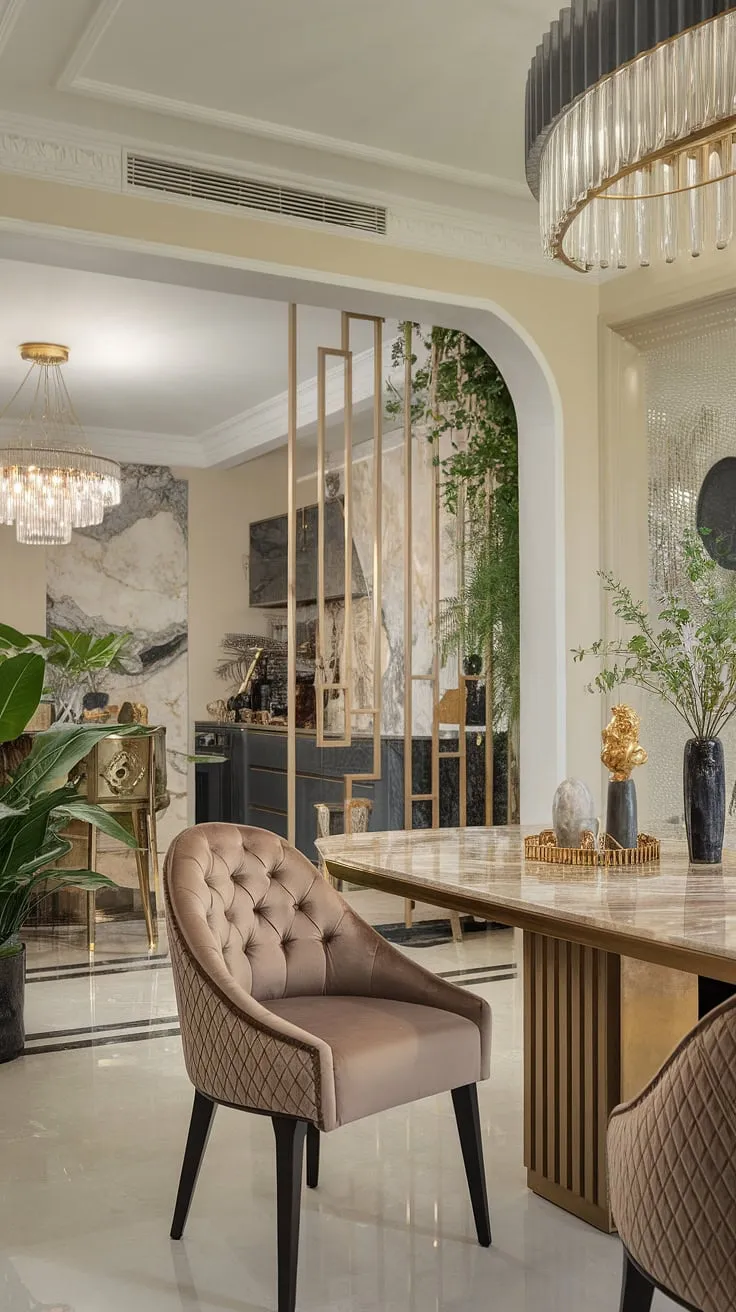 Bathed in natural light, this modern dining space exudes understated luxury. The interplay of gold accents and cool marble creates a harmonious balance, while the carefully chosen plants add a touch of organic warmth. A testament to refined taste and impeccable design.