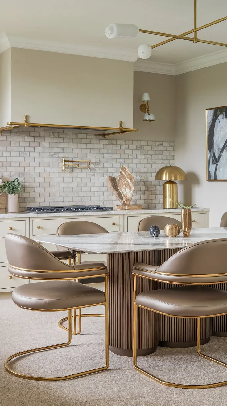 Sophisticated dining redefined. A stunning marble table takes center stage in this stylish kitchen, complemented by luxurious gold chairs and a subtle grey palette. The warm glow of the gold lighting fixtures and lamp creates a welcoming ambiance, perfect for both intimate dinners and lively gatherings. A space designed for refined living.