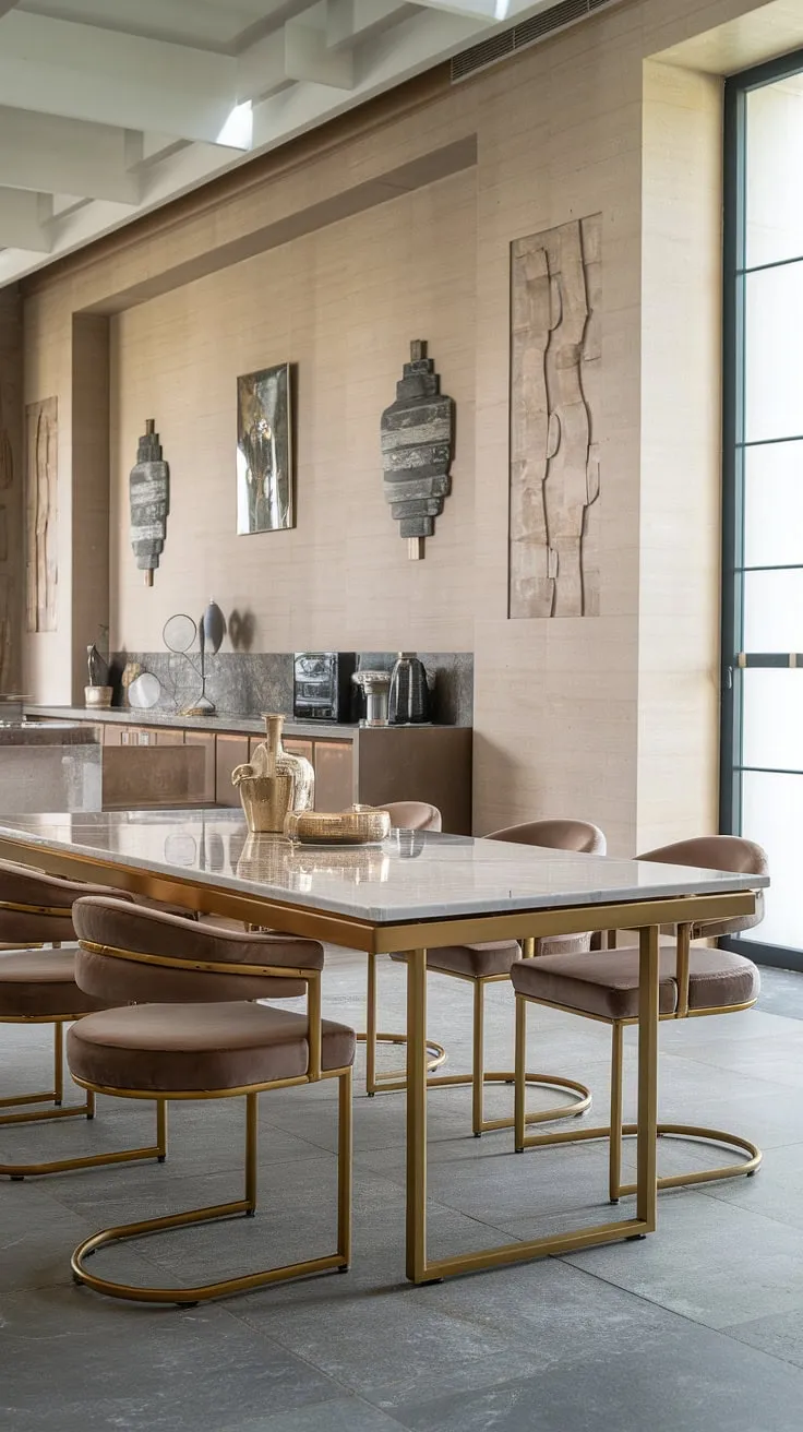 Indulge in effortless elegance. This modern dining space, with its gleaming marble table and luxurious gold accents, is the perfect setting for unforgettable gatherings. The spacious kitchen and large window flood the area with natural light, creating an atmosphere of refined comfort.