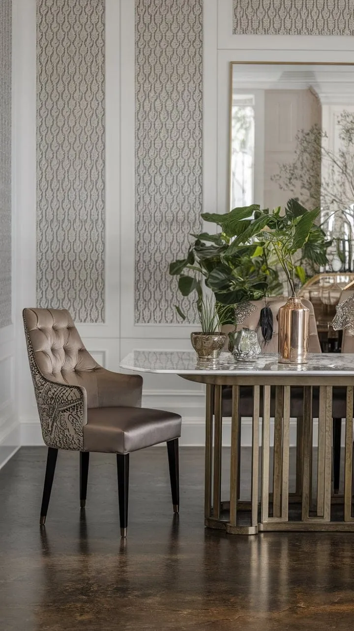 This exquisite dining room harmoniously blends cool marble, warm gold, and patterned wallpaper, enhanced by curated plants and decor, creating a stylishly inviting space that epitomizes luxury and modern living.