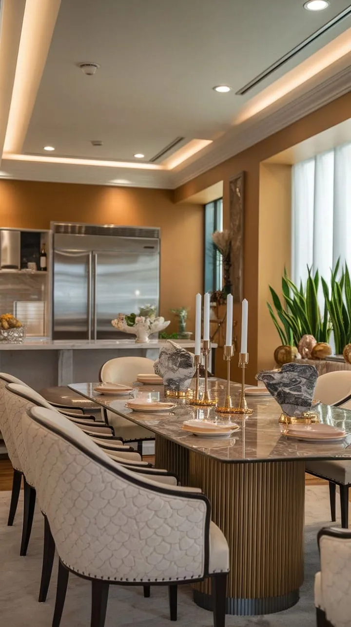Experience sophisticated luxury in this modern dining space, where marble, gold accents, and warm grey walls harmonize with sleek stainless steel appliances and lush greenery.