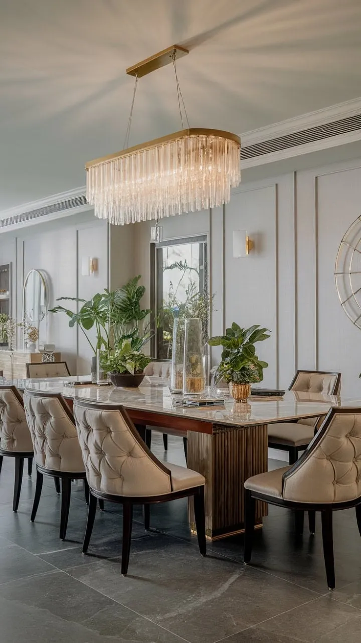 Experience refined luxury in a modern dining space where cool gray tones and a shimmering gold chandelier beautifully complement a marble table and lush greenery.