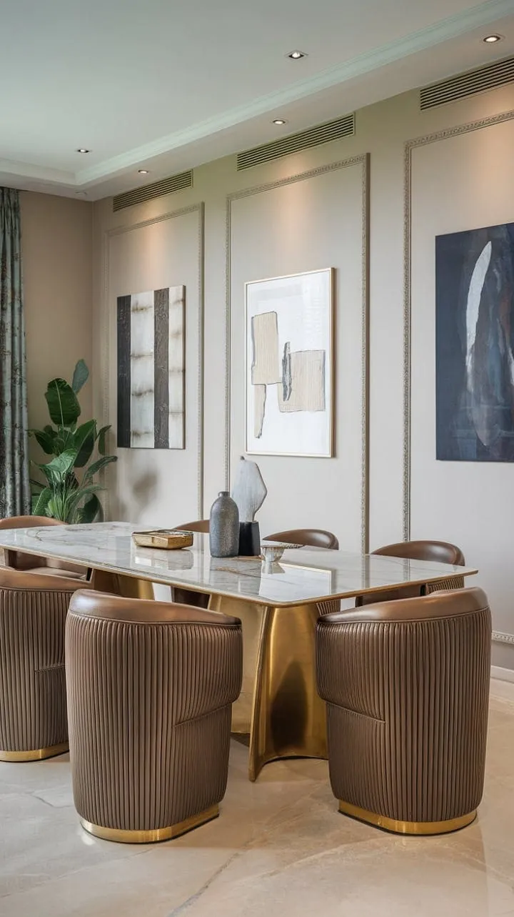 This dining room blends classic elegance with modern sophistication, featuring a marble table and gold chairs that invite memorable gatherings in a serene atmosphere.
