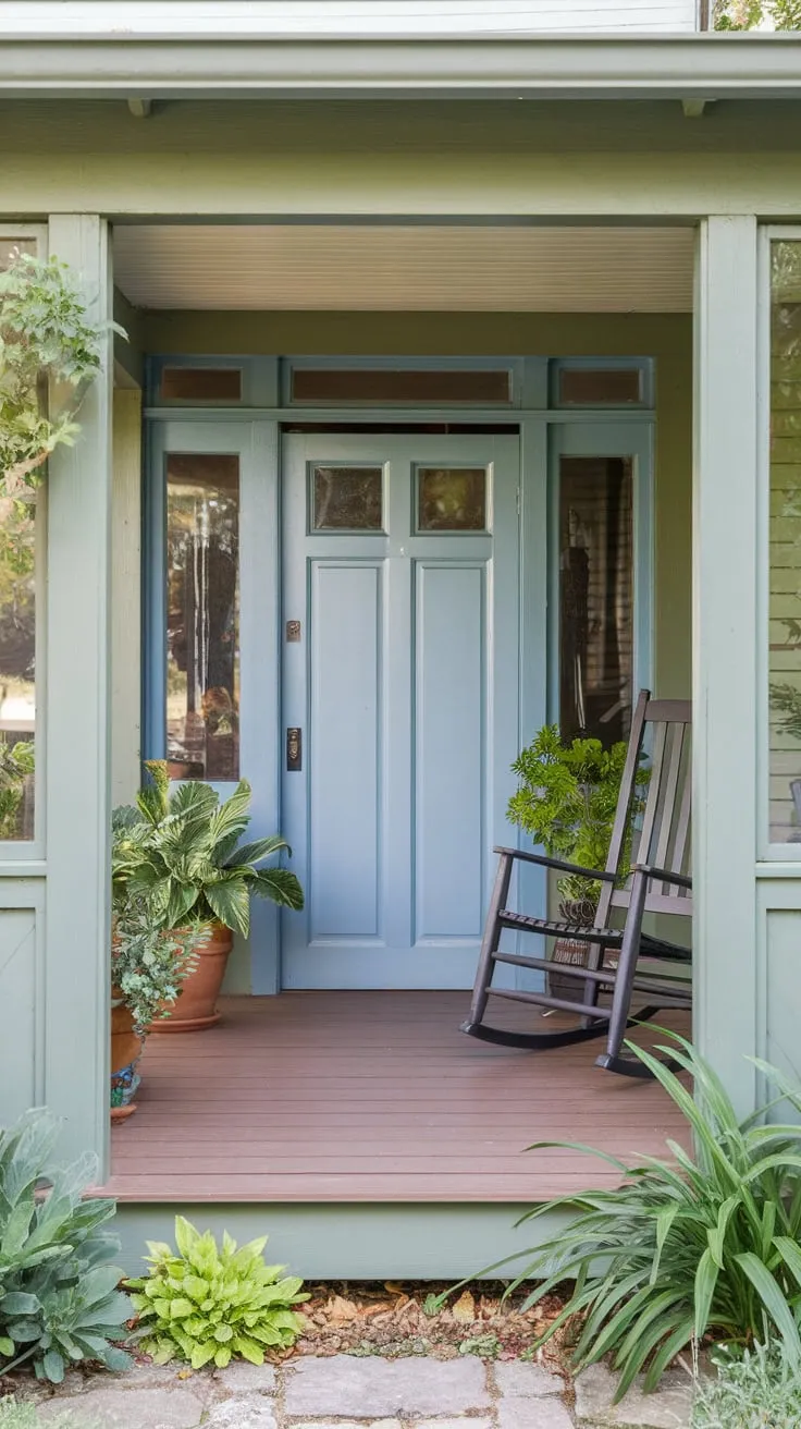 Cozy Front Porch Oasis with Rocking Chair and Lush Plants
