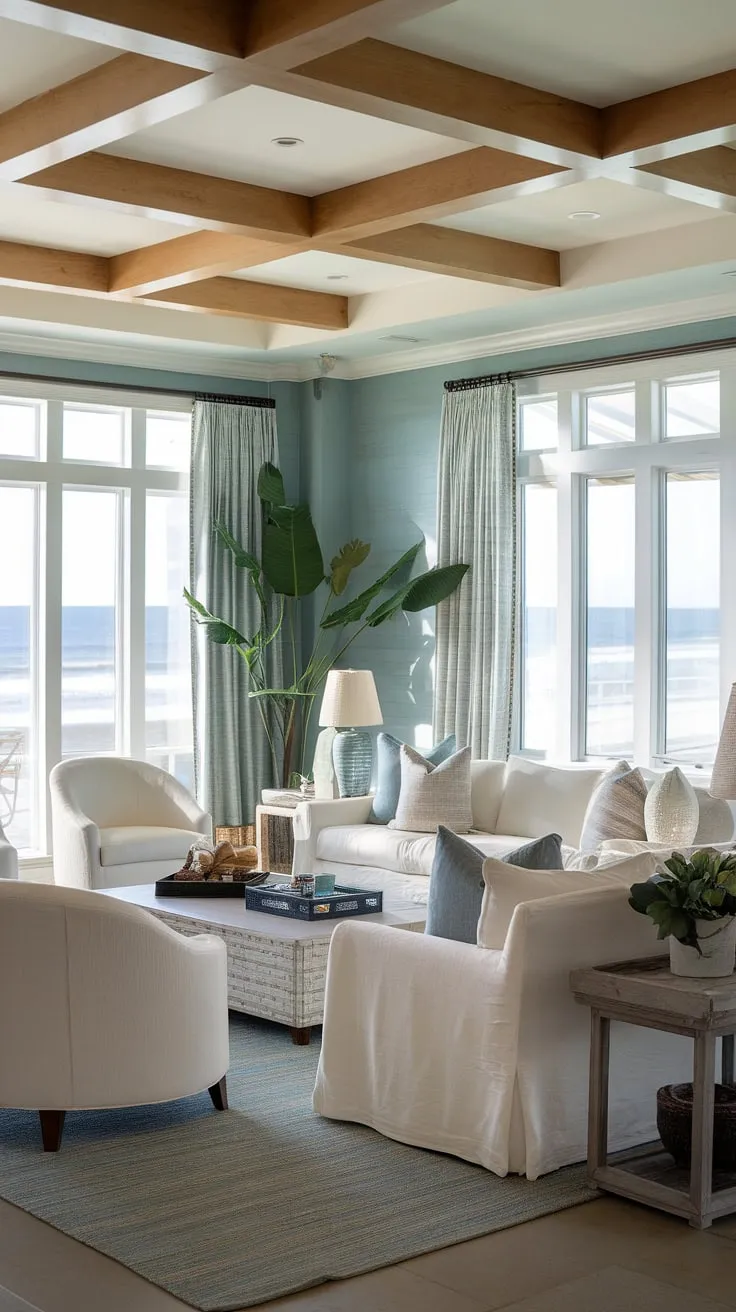 Sunlight streams into this coastal apartment, showcasing the perfect blend of coastal modern living room designs and Hamptons decor.  The coastal ceiling ideas add a touch of airy elegance to the Florida beach house interior, while the beach house decor and overall coastal interior design create a relaxed, inviting atmosphere.
