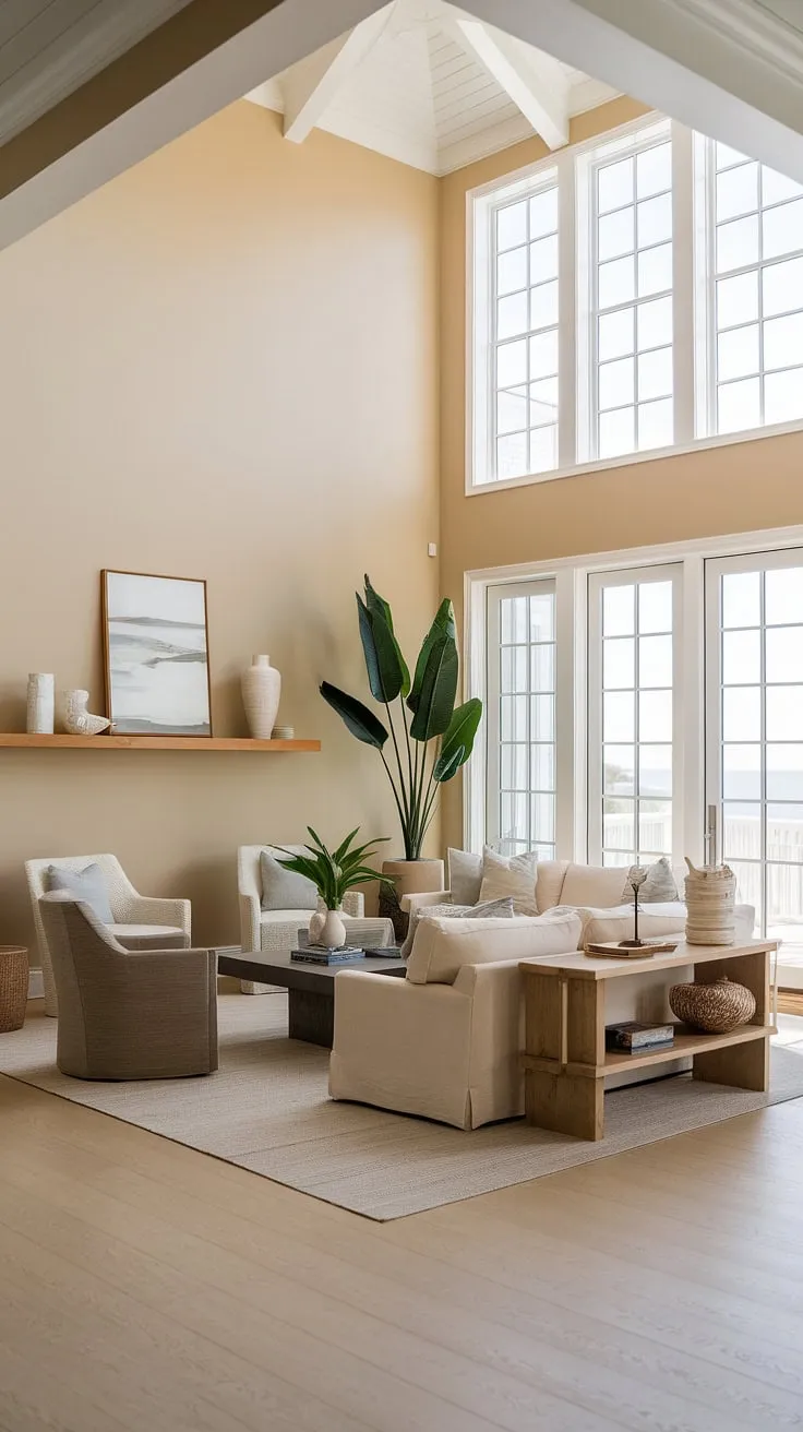 Sunlight streams into this stunning coastal apartment, showcasing the perfect blend of coastal modern living room designs and Hamptons decor.  The coastal ceiling ideas add a touch of elegance to the Florida beach house interior, while the beach house decor creates a relaxed, inviting atmosphere.