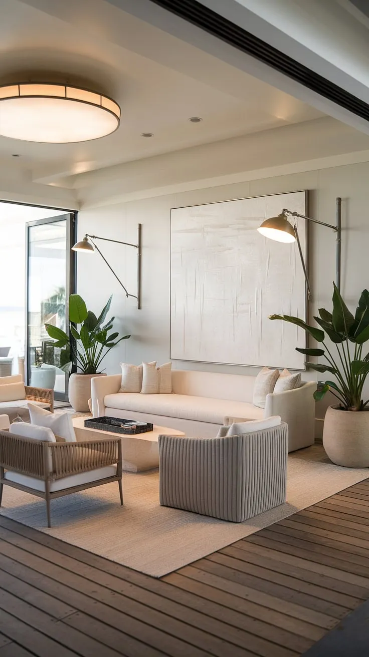 Sunlight streams into this stunning coastal apartment, showcasing the perfect blend of coastal modern living room designs and Hamptons decor.  The coastal ceiling ideas add a touch of elegance to the Florida beach house interior, while the beach house decor creates a relaxed, inviting atmosphere.