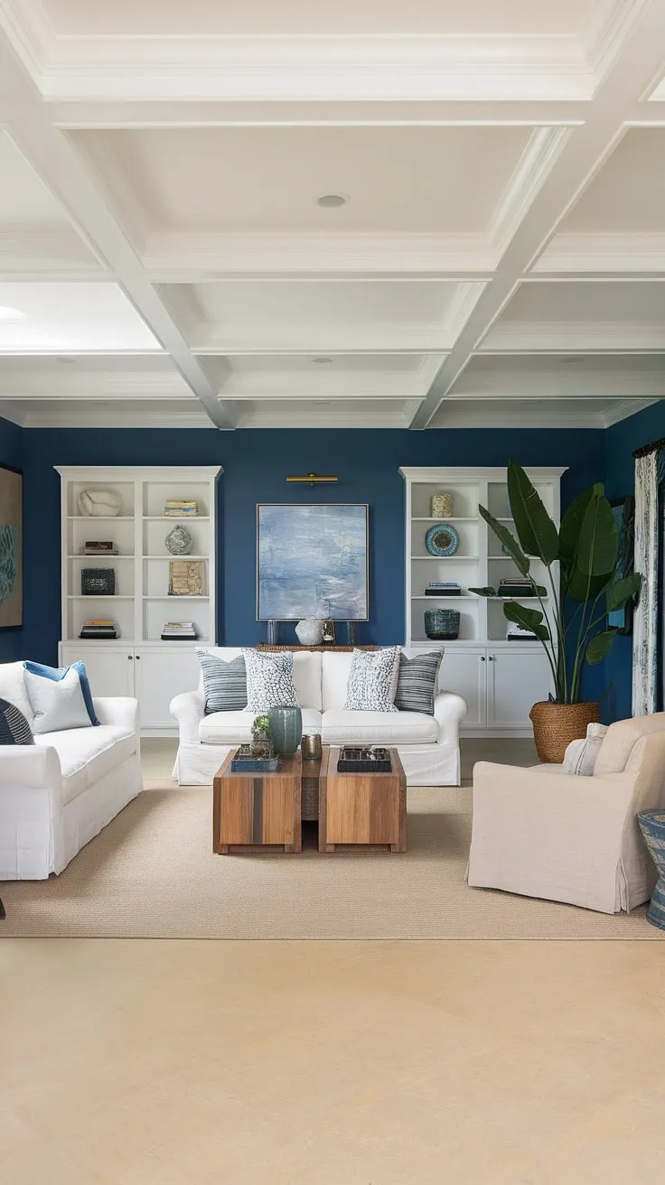Coastal beach house decor meets sophisticated coastal interior design in this stunning coastal modern living room.  The beach house decor is effortlessly chic, showcasing a relaxed yet refined aesthetic.  This Florida beach house interior is the epitome of coastal apartment living, with its calming blue walls and thoughtful details.