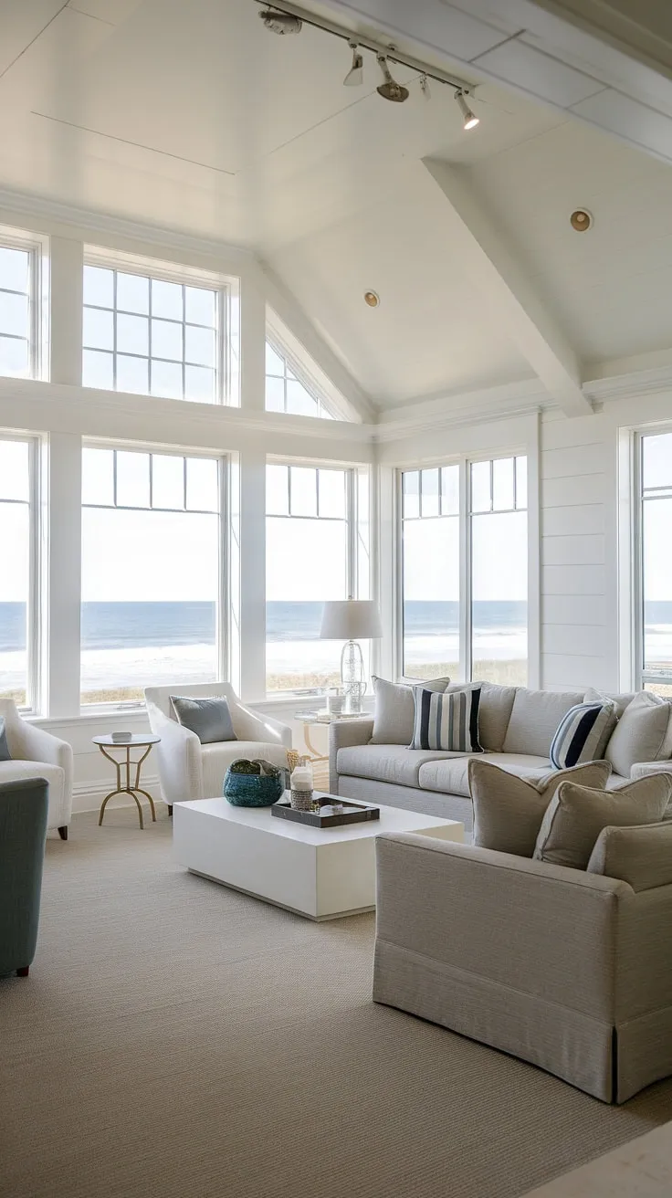Sunlight streams into this stunning coastal apartment, showcasing the perfect blend of coastal modern living room designs and Hamptons decor.  The coastal ceiling ideas add a touch of elegance to the Florida beach house interior, while the beach house decor creates a relaxed, inviting atmosphere.