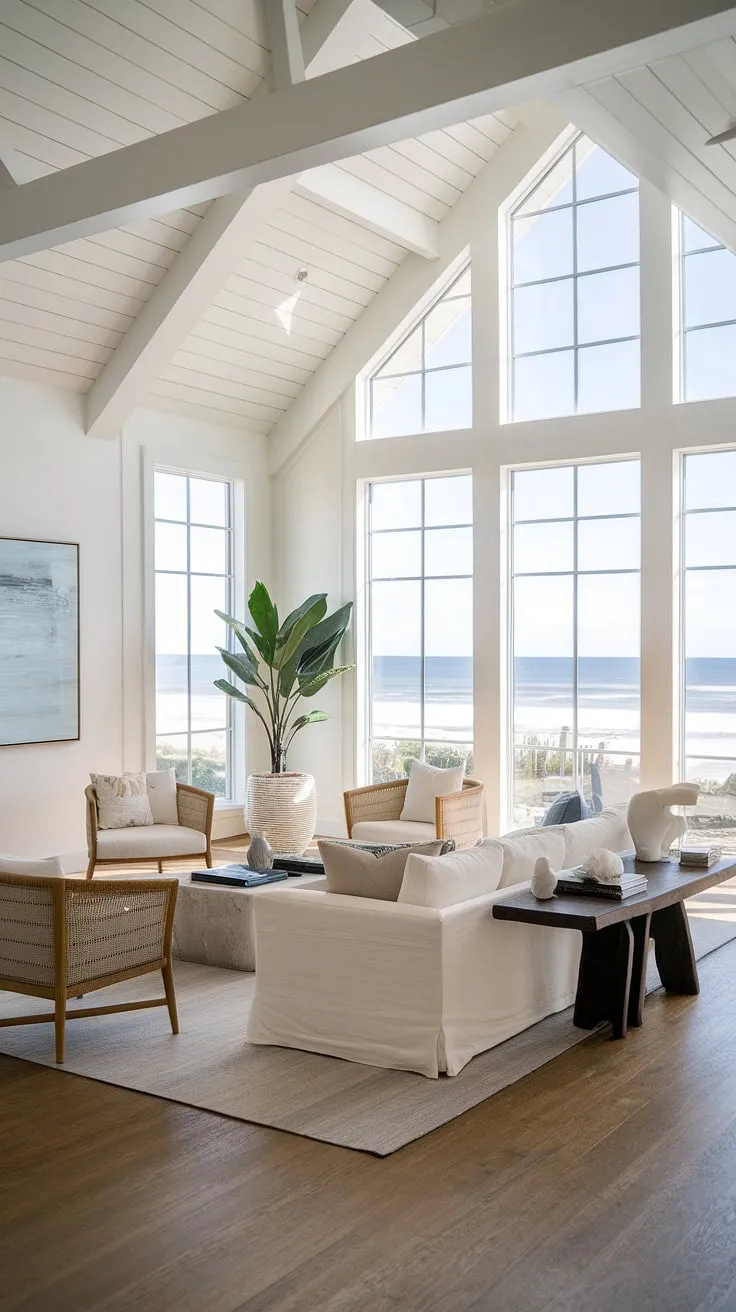 Coastal apartment living doesn't get much better than this.  This coastal interior design showcases the best of coastal beach house decor, with a light and airy feel that's both sophisticated and inviting. The expansive windows offer unparalleled views, making this Florida beach house interior the ultimate coastal modern living room design escape.
