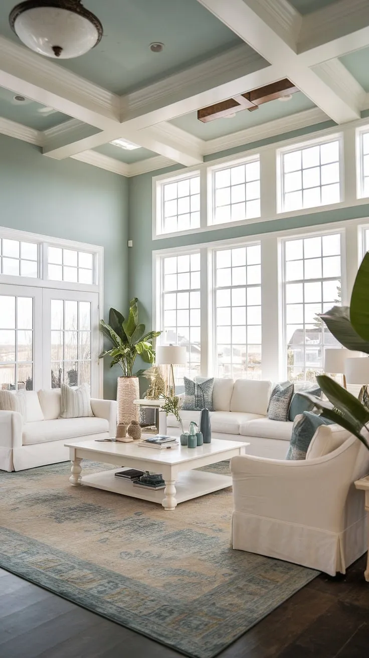 Sunlight streams into this stunning coastal apartment, showcasing the perfect blend of coastal modern living room designs and Hamptons decor.  The coastal ceiling ideas add a touch of elegance, while the Florida beach house interior and beach house decor create a relaxed, inviting atmosphere.