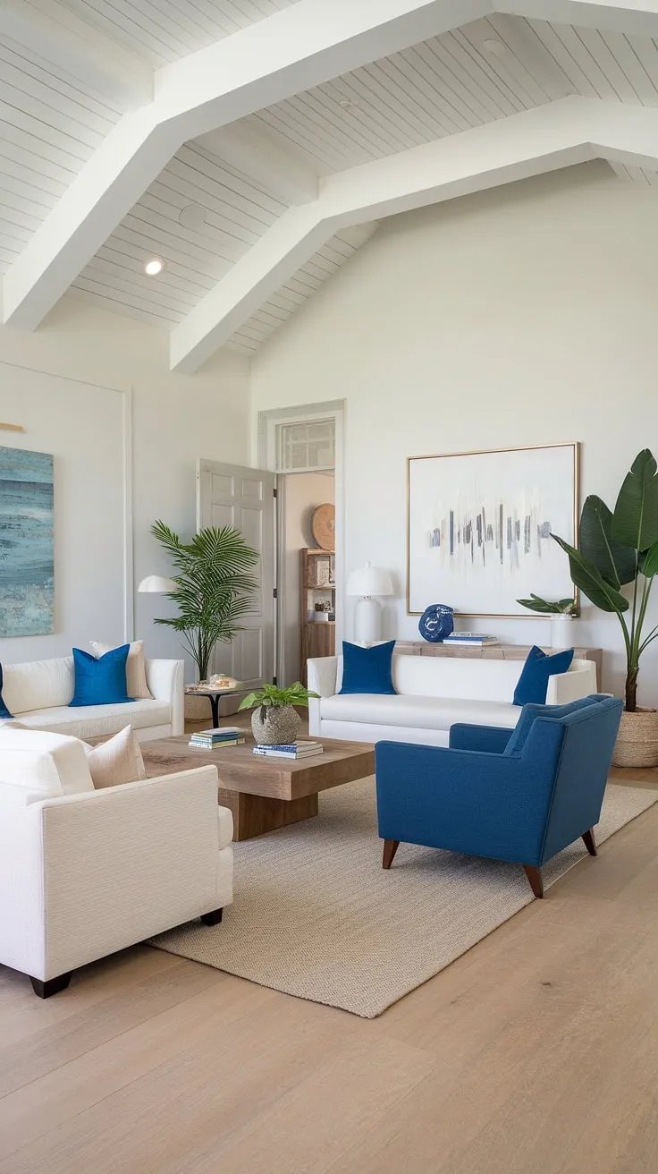 Sunlight streams into this stunning coastal apartment, showcasing the perfect blend of coastal modern living room designs and Hamptons decor.  The coastal ceiling ideas add a touch of elegance, while the Florida beach house interior and beach house decor create a relaxed, inviting atmosphere.
